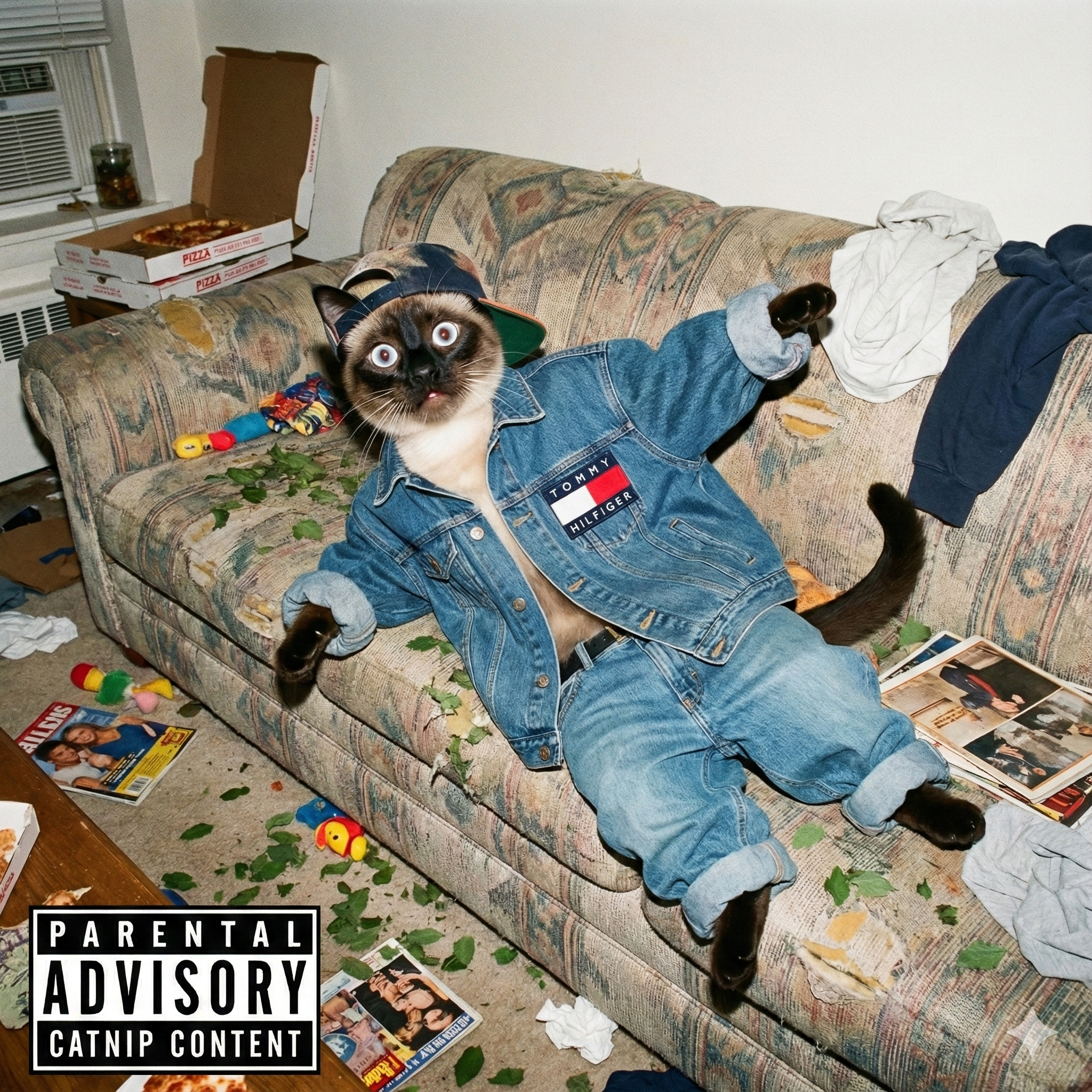 Cover art for Stupid Fucking Hooman Remix, featuring a Siamese cat in a denim jacket and jeans, lounging amid pizza boxes.