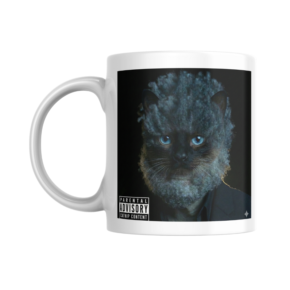 Black mug with the 3AMΣ album art on it, held by a person.